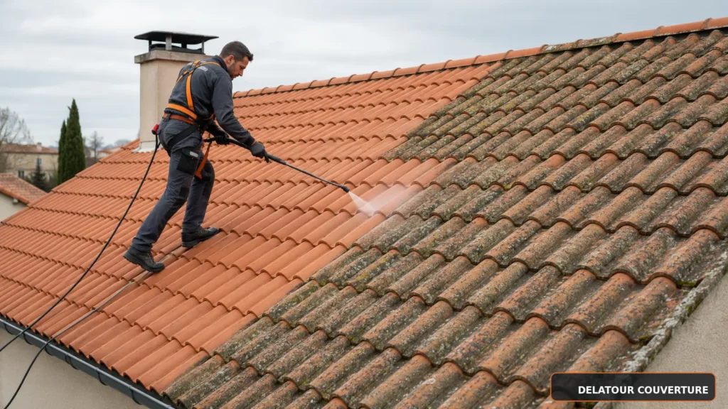 Couvreur réalisant un démoussage de toiture à Guipavas