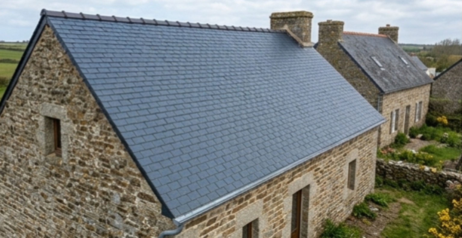 Toiture terminée en ardoise naturelle après réfection à Crozon