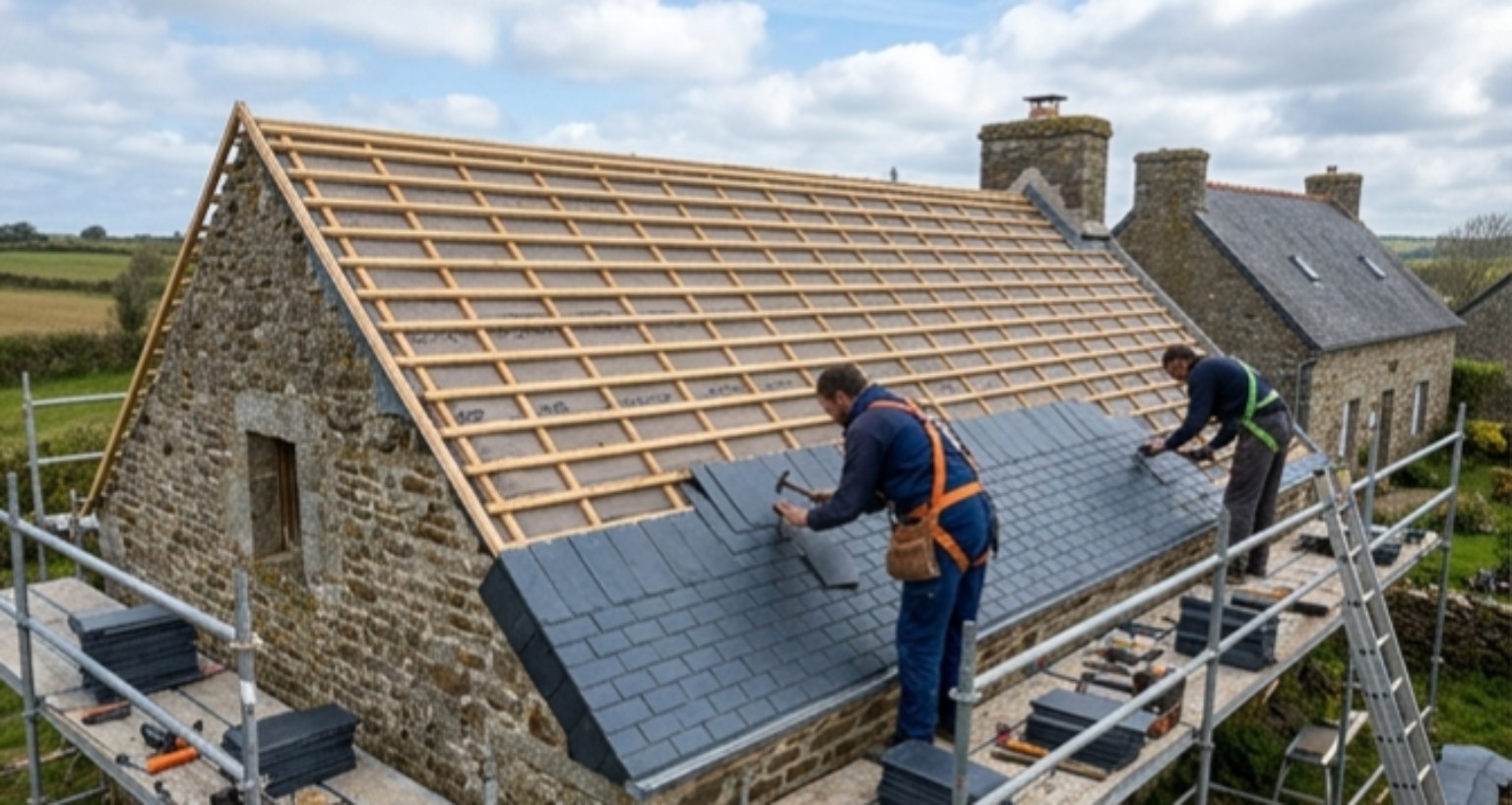 Pose des ardoises naturelles pendant les travaux