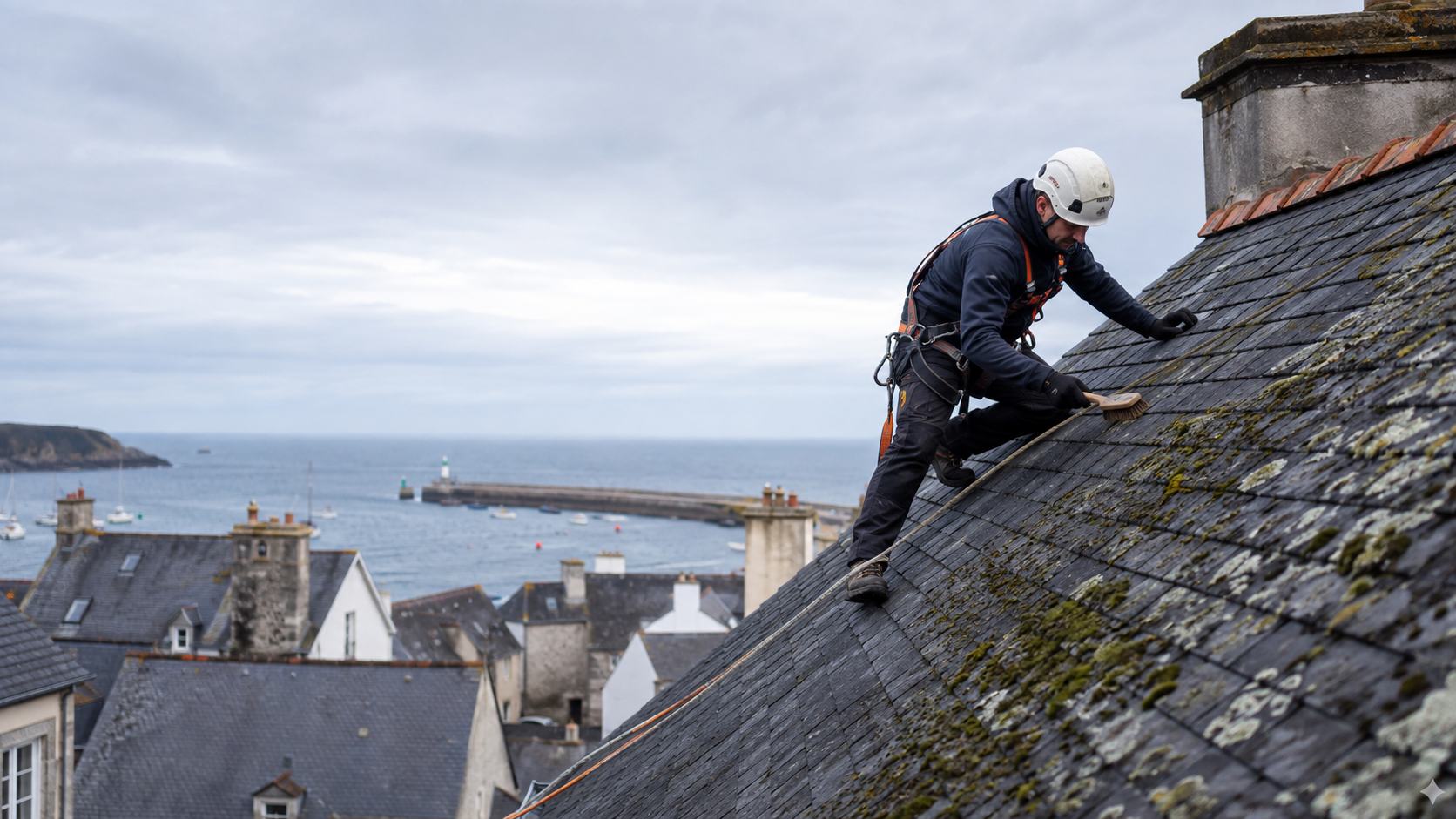 Illustration d’un couvreur inspectant une toiture en ardoise à Douarnenez