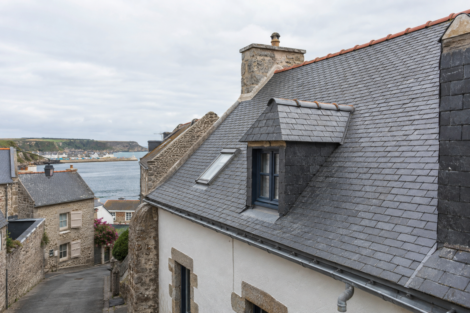 Toiture en ardoise entretenue face au port de Camaret-sur-Mer