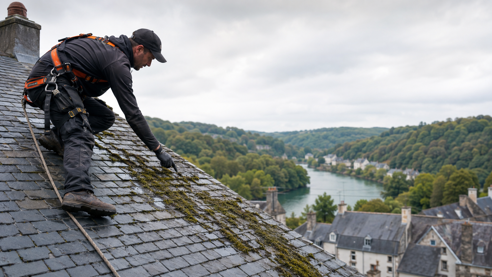 Illustration d’un couvreur contrôlant une toiture en ardoise à Châteaulin