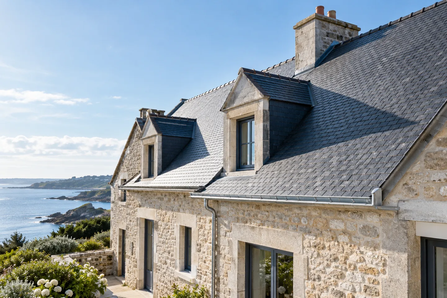 Illustration : maison en pierre bretonne avec toiture en ardoise et vue littorale